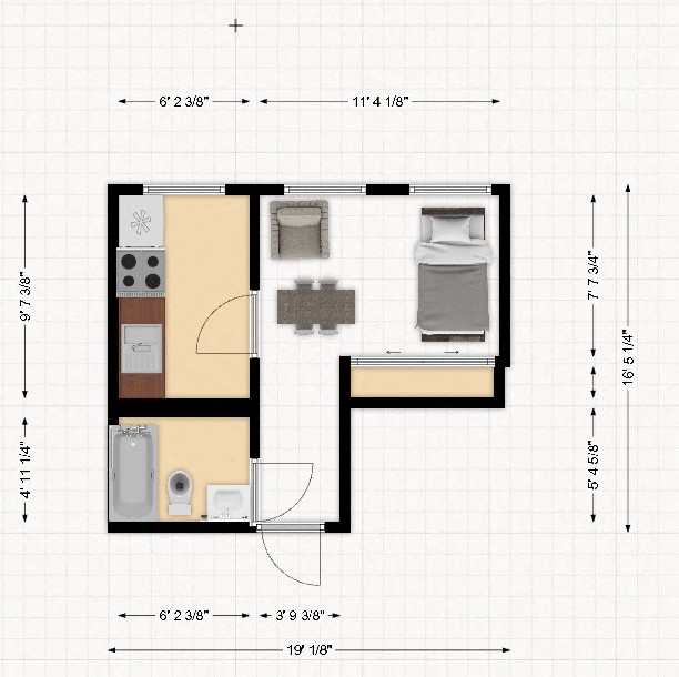 Floor plan for studio, 1 bath, 300 sqft